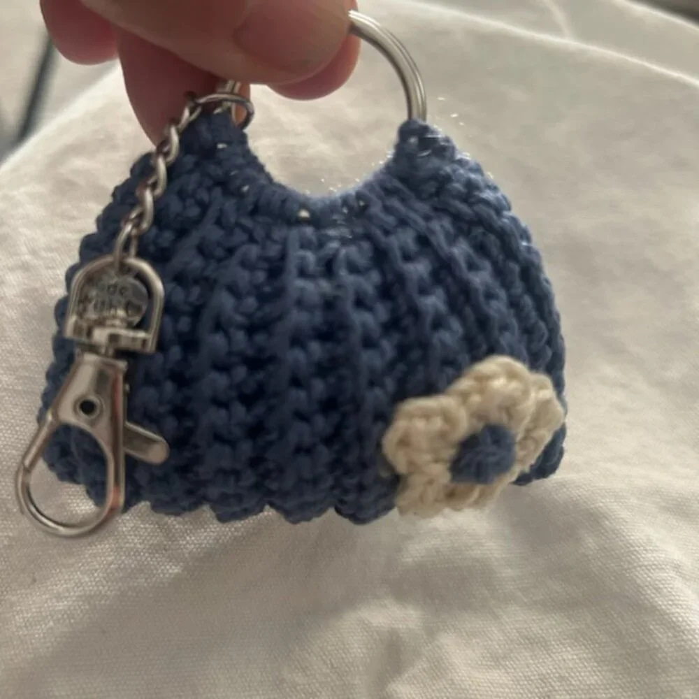 Handmade Crochet Mini Purse Keychain - Denim Blue with White Flower